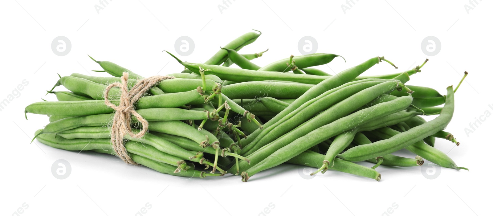Photo of Delicious fresh green beans on white background