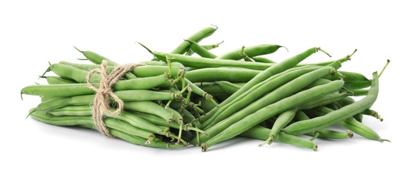 Delicious fresh green beans on white background