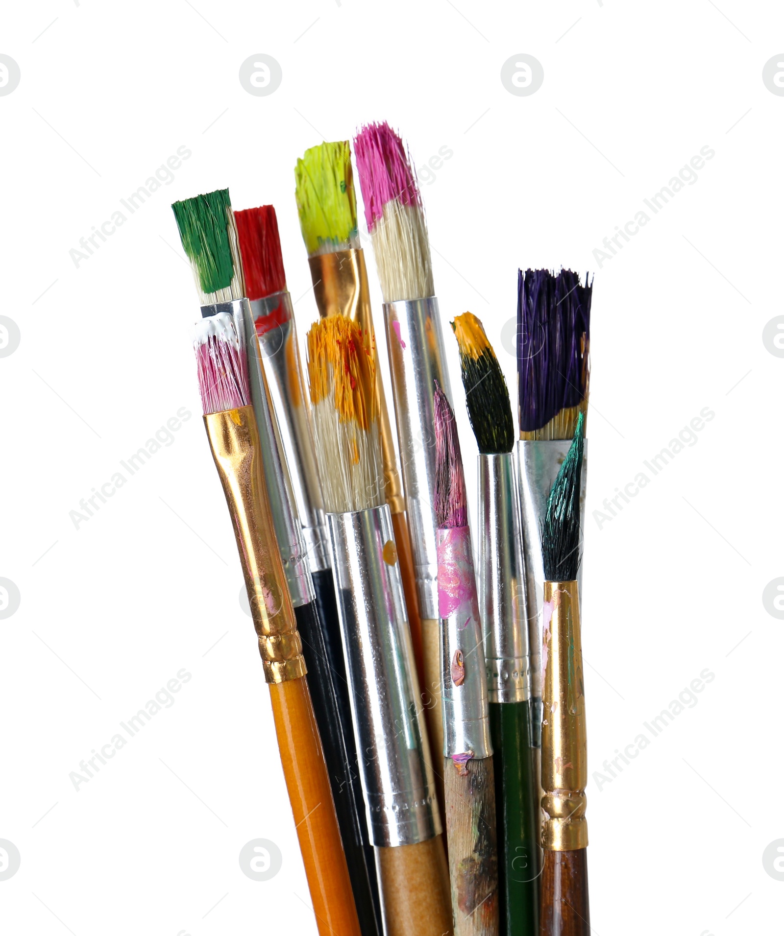 Photo of Different brushes with paints on white background