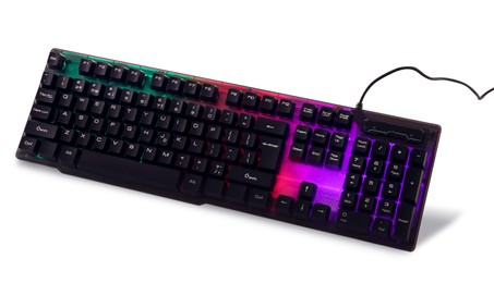 Photo of Modern mechanical RGB keyboard isolated on white
