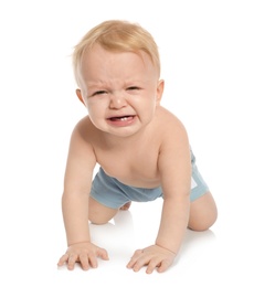 Photo of Cute little baby crawling on white background