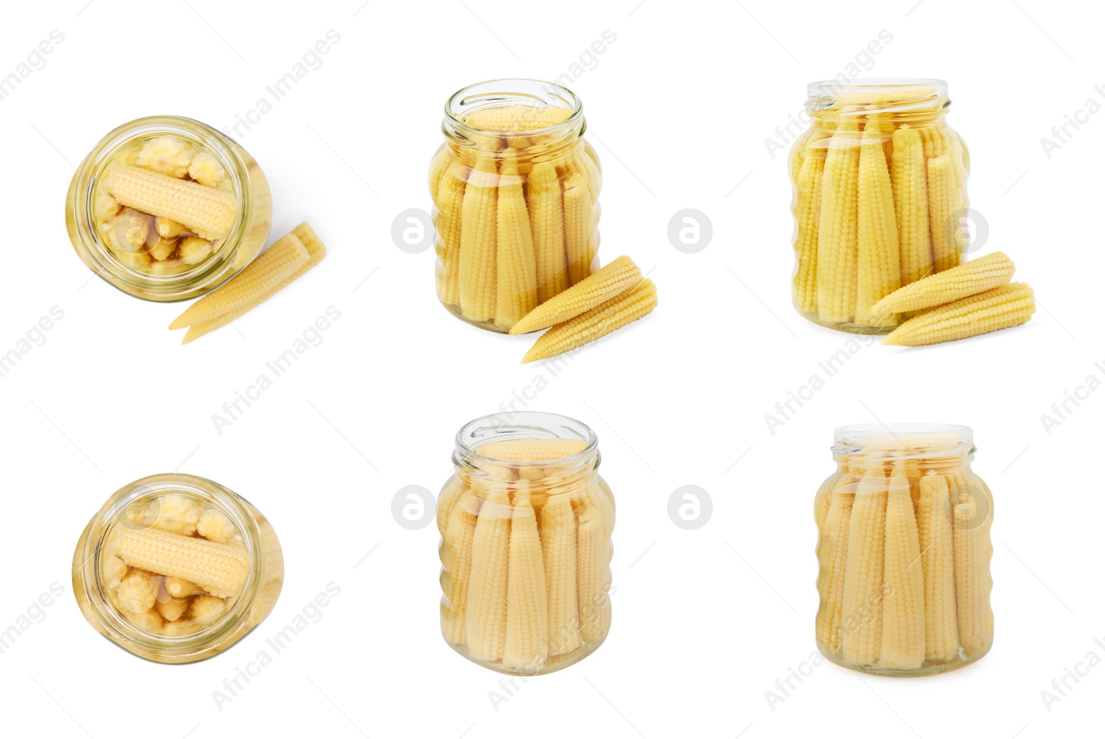 Image of Set with tasty pickled baby corn on white background