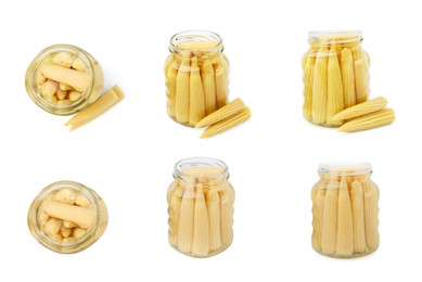 Image of Set with tasty pickled baby corn on white background