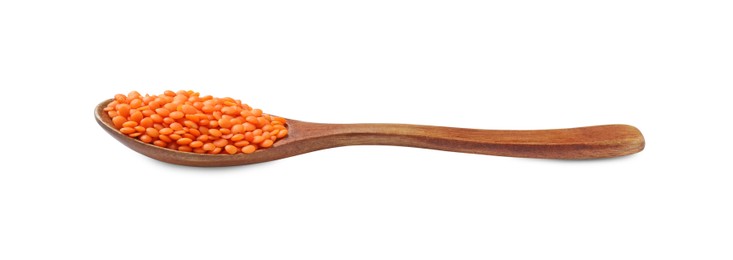 Photo of Wooden spoon with raw lentils isolated on white