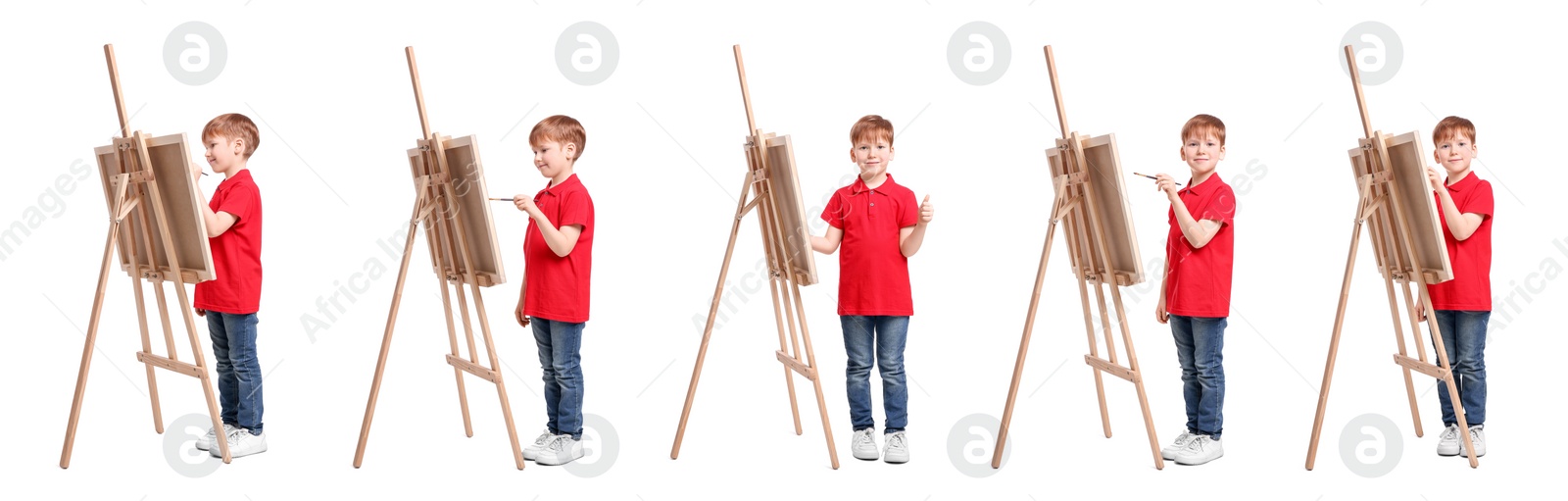 Image of Collage with photos of boy near easel on white background