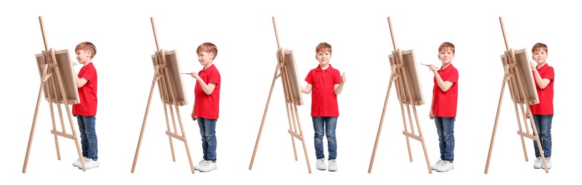 Collage with photos of boy near easel on white background