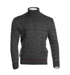 Photo of Stylish dark grey sweater isolated on white. Men`s clothes