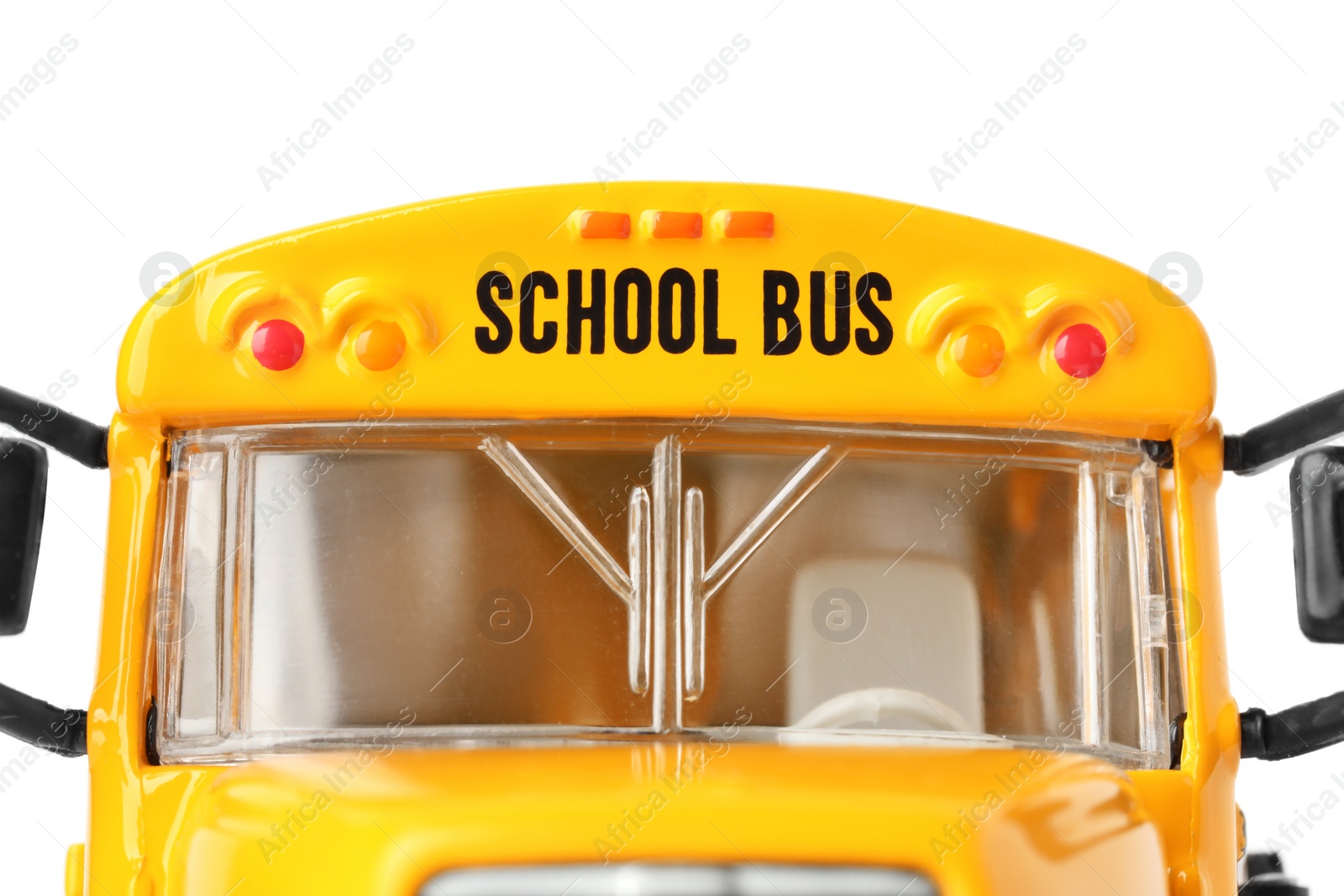 Photo of Yellow school bus on white background, closeup. Transport for students