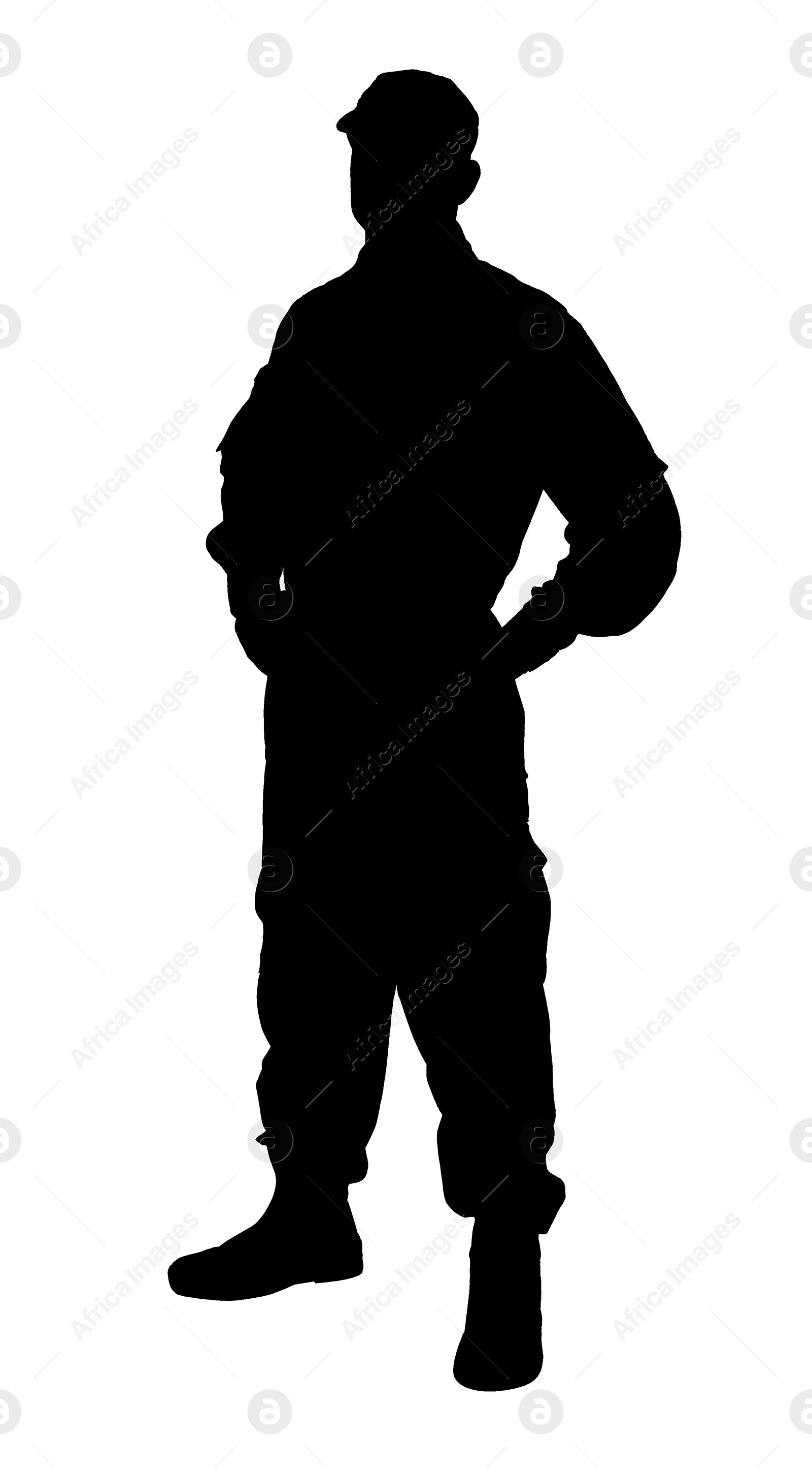 Image of Silhouette of soldier in uniform on white background. Military service