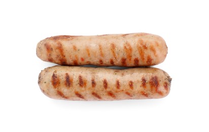 Tasty fresh grilled sausages isolated on white, top view