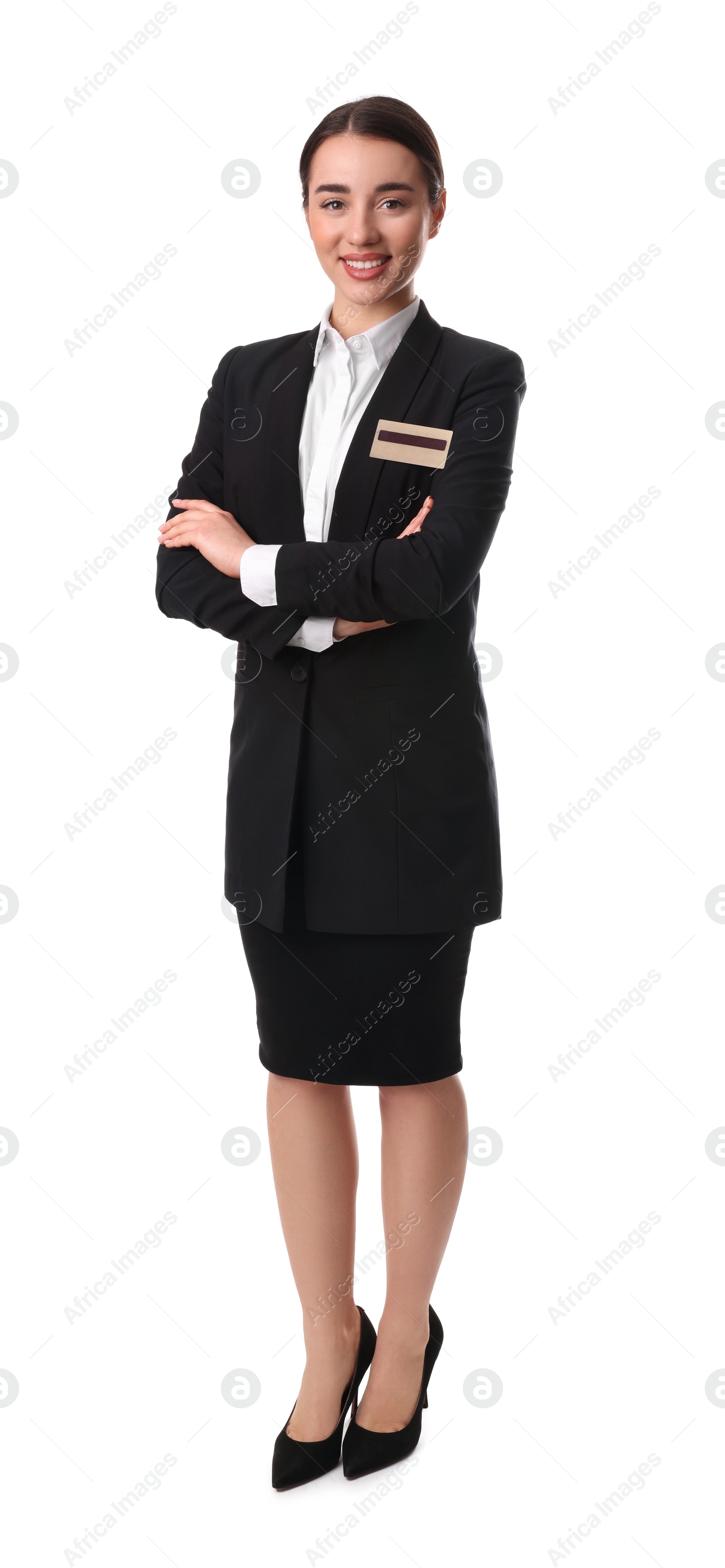 Photo of Full length portrait of happy young receptionist in uniform on white background