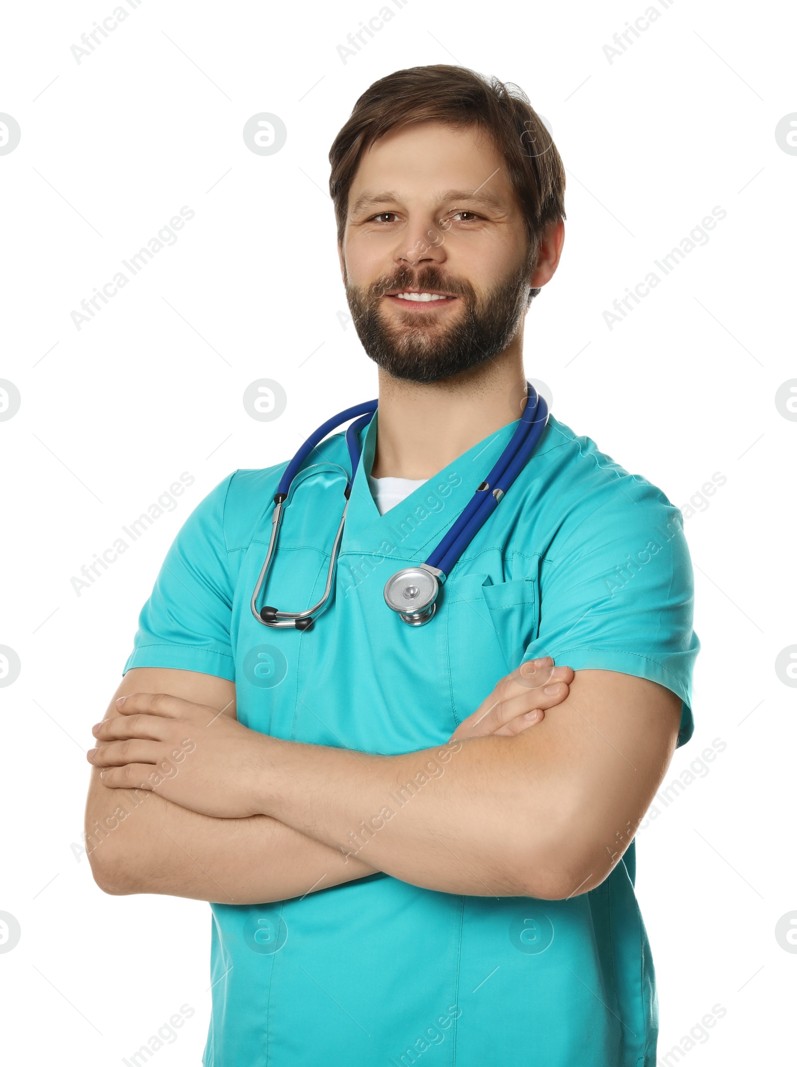 Photo of Doctor or medical assistant (male nurse) in uniform with stethoscope on white background