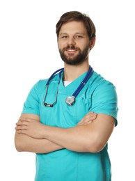 Photo of Doctor or medical assistant (male nurse) in uniform with stethoscope on white background