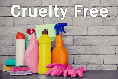 Image of Cruelty free concept. Cleaning products not tested on animals near brick wall