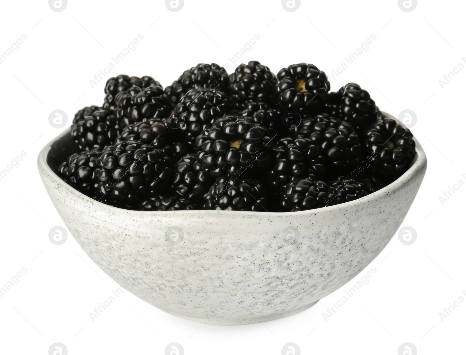 Photo of Bowl with fresh ripe blackberries isolated on white