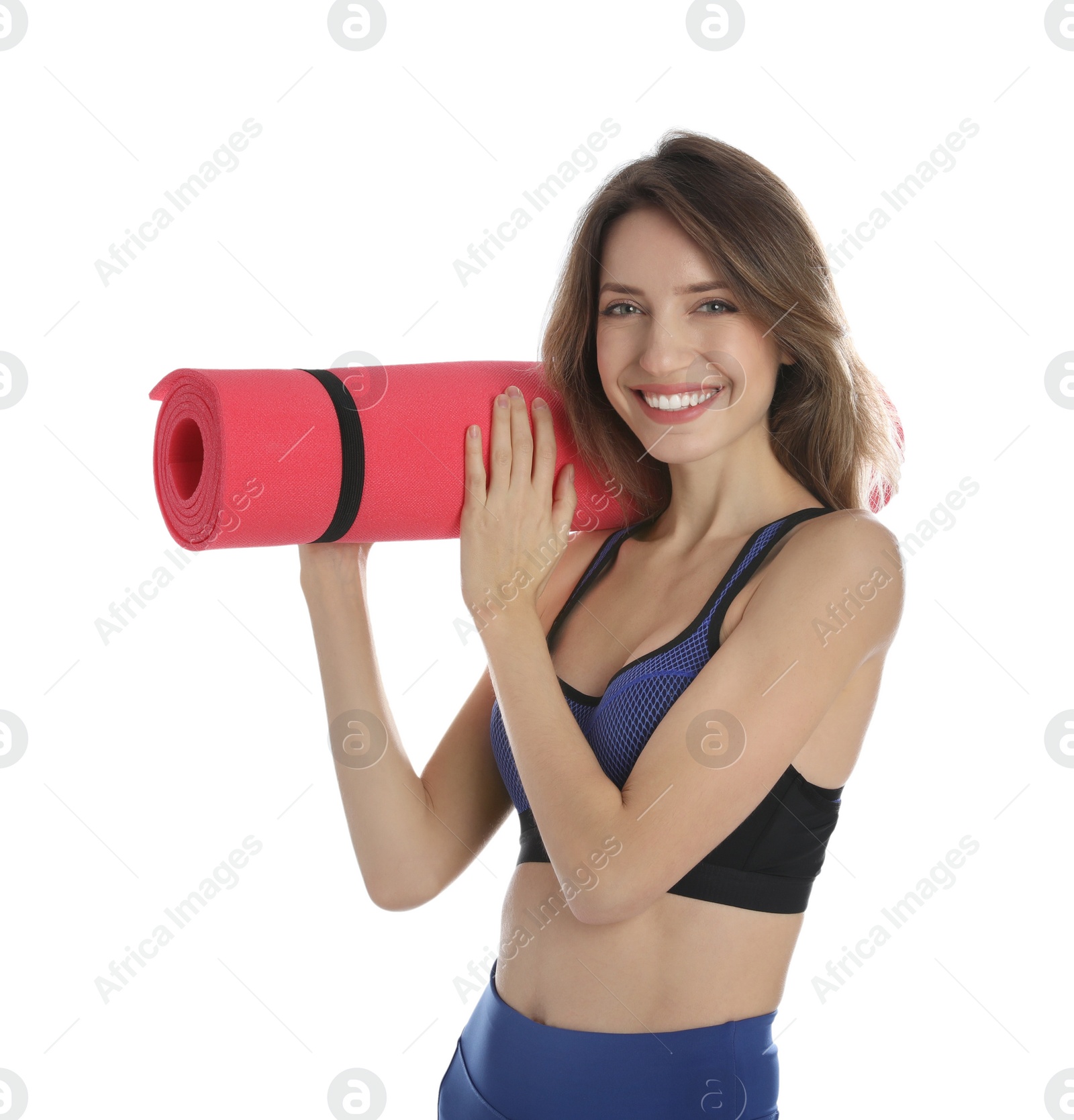 Photo of Beautiful woman with yoga mat on white background