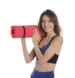 Photo of Beautiful woman with yoga mat on white background