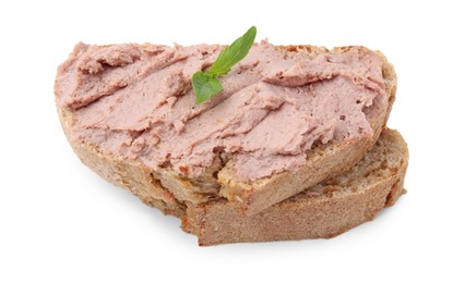 Delicious liverwurst sandwich with basil isolated on white