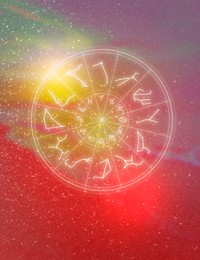 Image of Zodiac wheel. 12 astrological signs and star constellations, color toned seascape on background