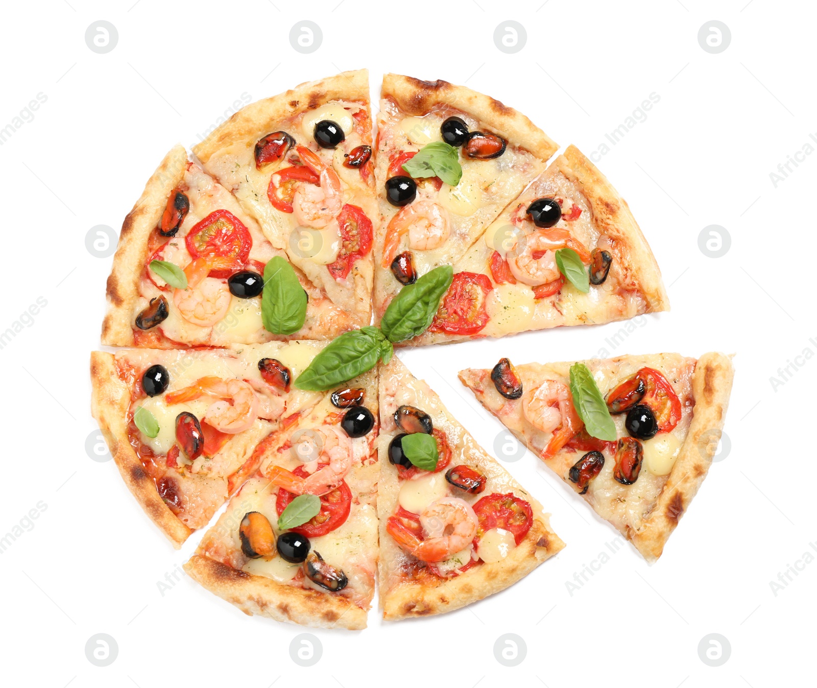 Photo of Tasty pizza with seafood isolated on white, top view