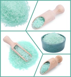 Turquoise sea salt isolated on white, set