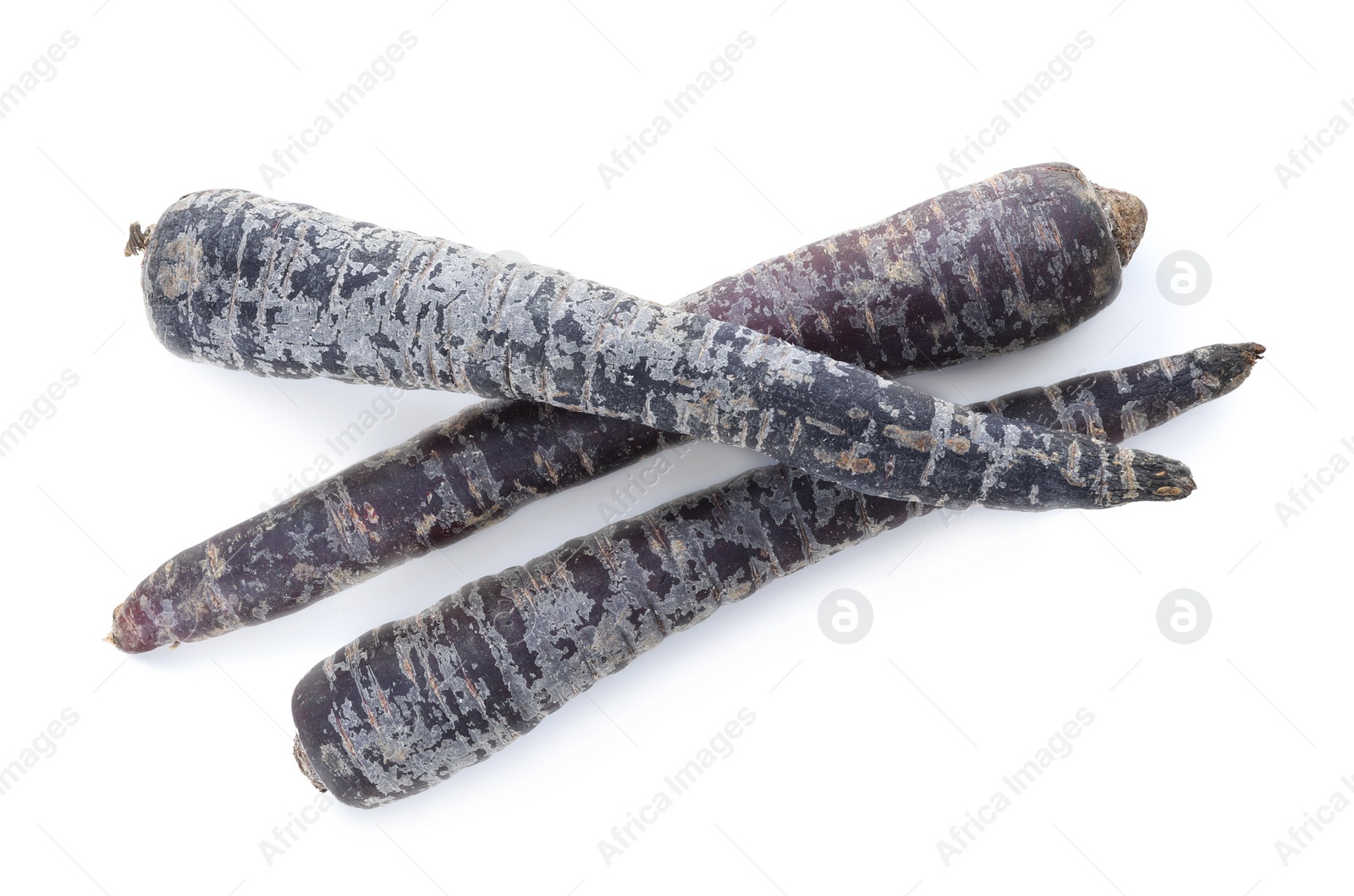 Photo of Raw black carrots isolated on white, top view