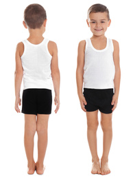 Image of Collage of little boy in underwear on white background