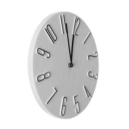 Photo of Clock showing five minutes until midnight on white background. New Year countdown