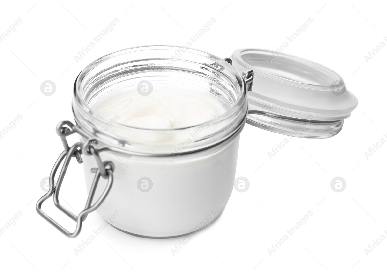 Photo of Jar with yummy yogurt on white background