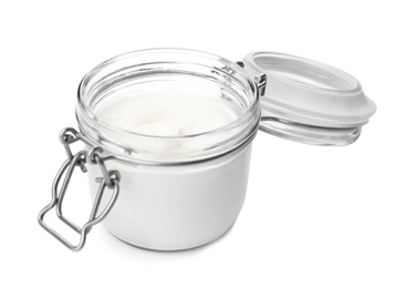 Photo of Jar with yummy yogurt on white background