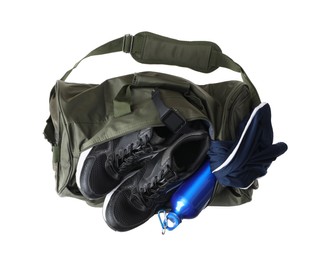 Photo of Sports bag with gym stuff isolated on white, top view