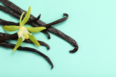 Photo of Vanilla pods and beautiful flower on turquoise background, top view. Space for text
