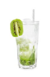 Photo of Glass of refreshing drink with kiwi isolated on white