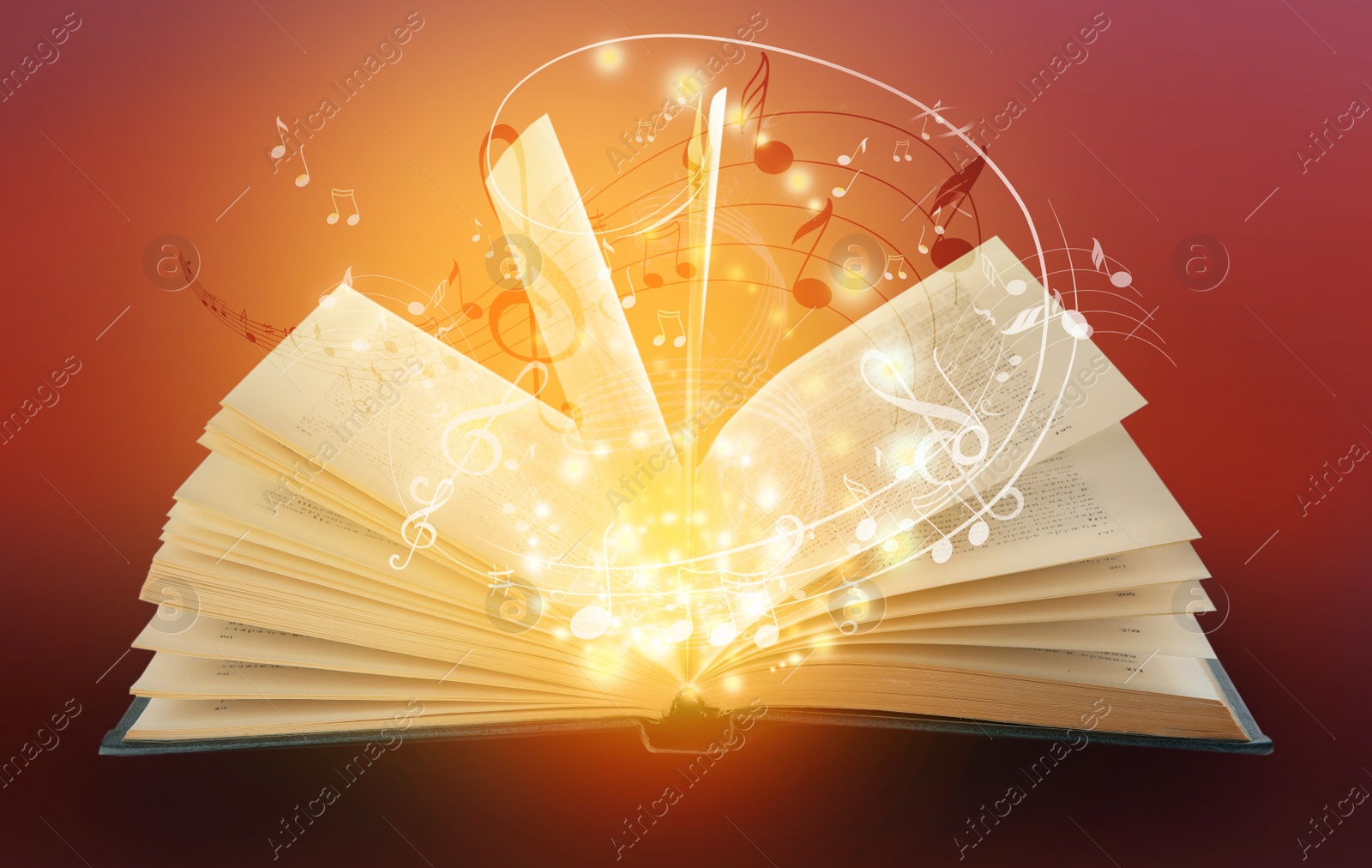 Image of Symphony shining with musical notes from open book on burgundy background 