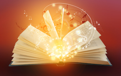 Image of Symphony shining with musical notes from open book on burgundy background 