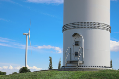 Entrance to wind turbine power generator outdoors. Alternative energy source
