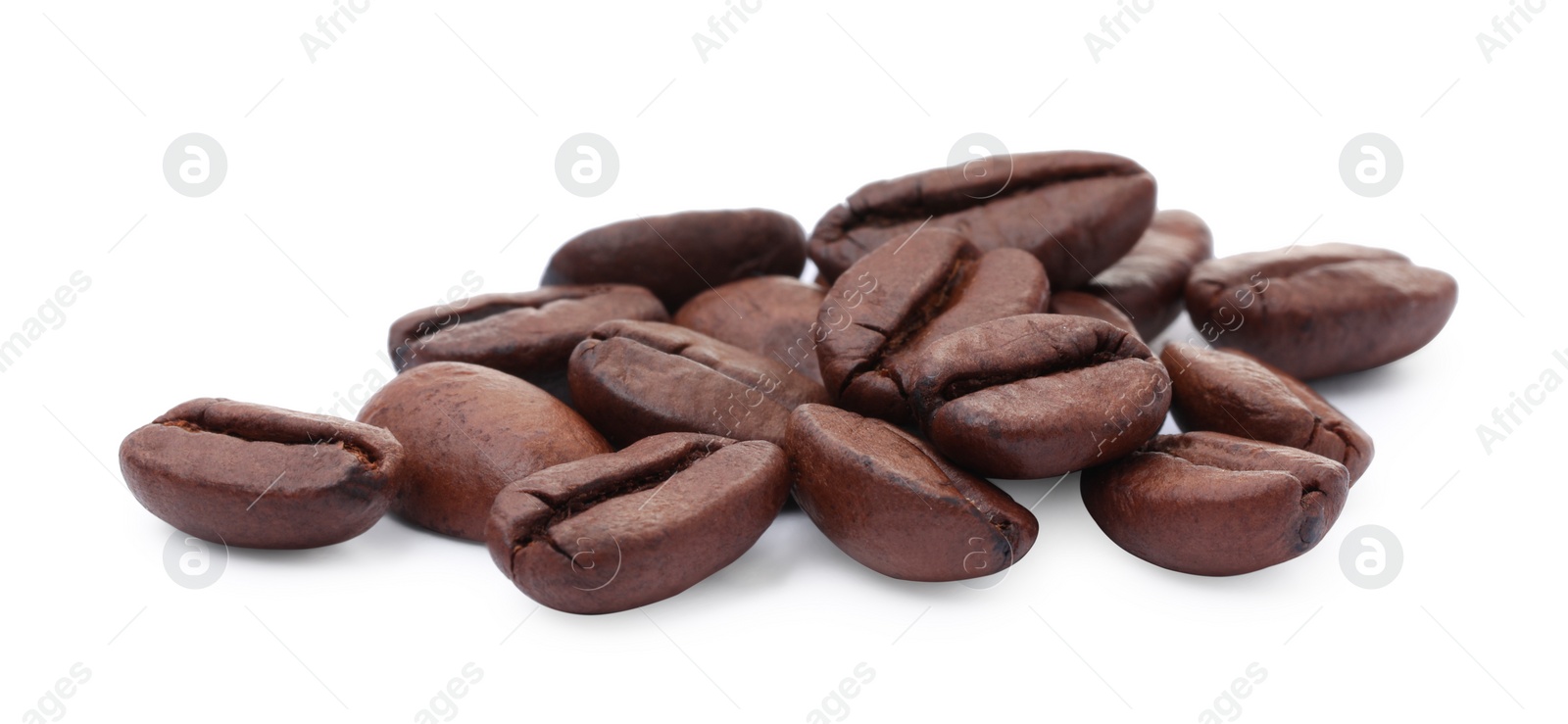 Photo of Many aromatic roasted coffee beans isolated on white