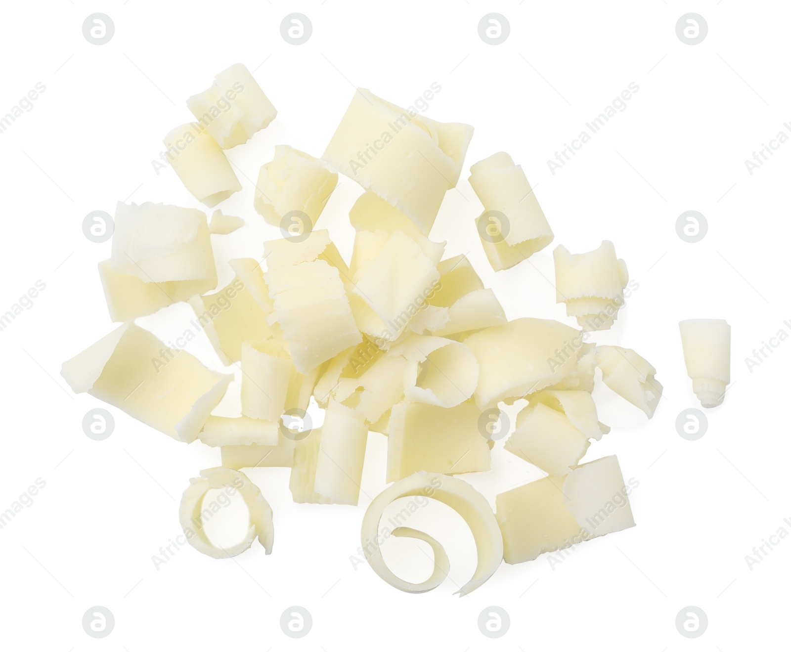 Photo of Pile of tasty chocolate shavings isolated on white, top view