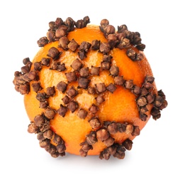 Pomander ball made of fresh tangerine and cloves isolated on white