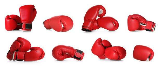 Image of Set with red boxing gloves on white background. Banner design
