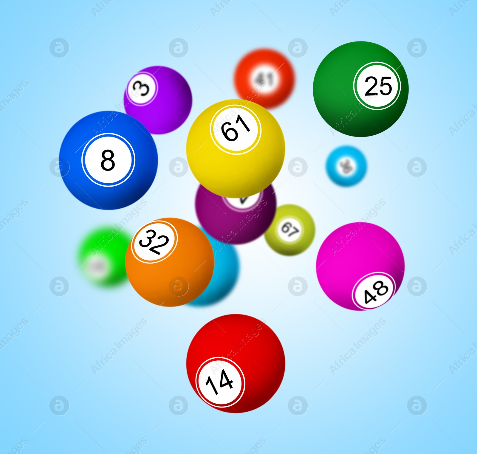 Illustration of Many lottery balls falling on light blue background