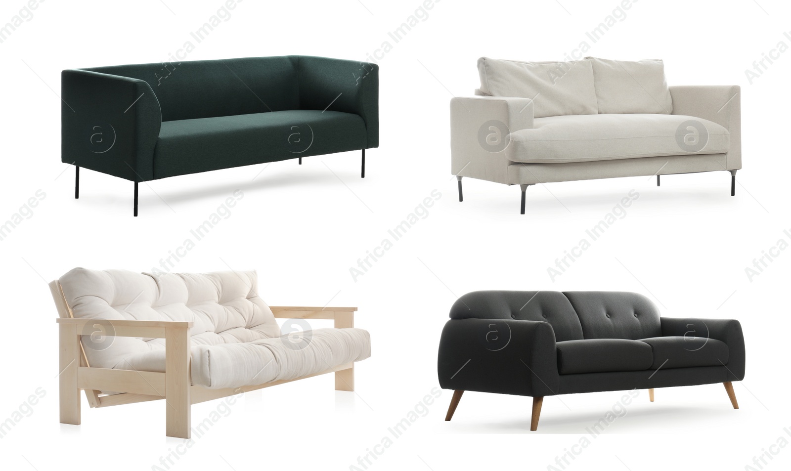 Image of Set with different stylish sofas on white background