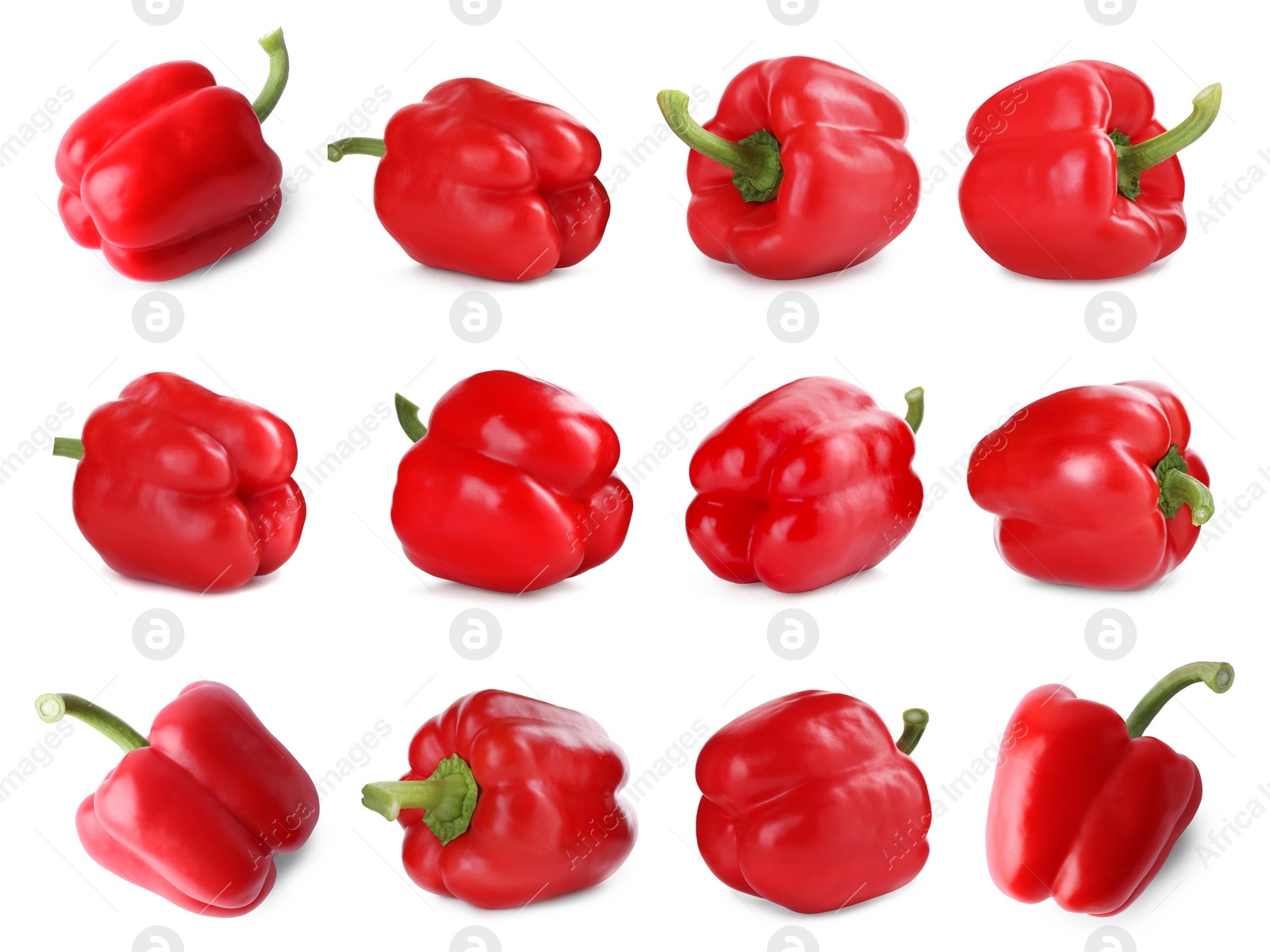 Image of Set of ripe red bell peppers on white background