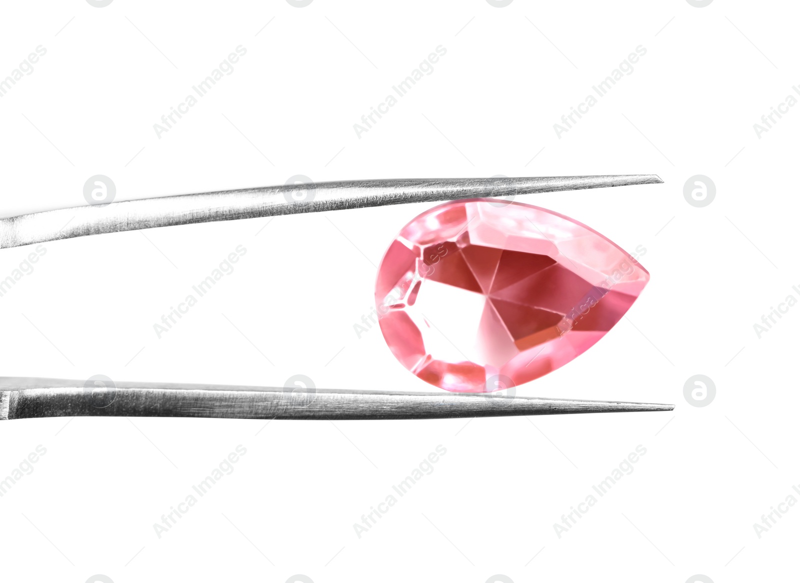 Photo of Tweezers with beautiful gemstone on white background