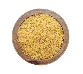 Wooden bowl with uncooked bulgur on isolated white, top view