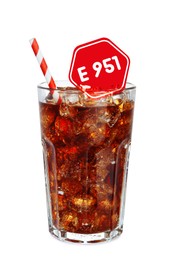Image of Caution about using of aspartame in product. Warning sign with artificial sweetener code (E951). Glass of soda drink containing sugar substitute on white background