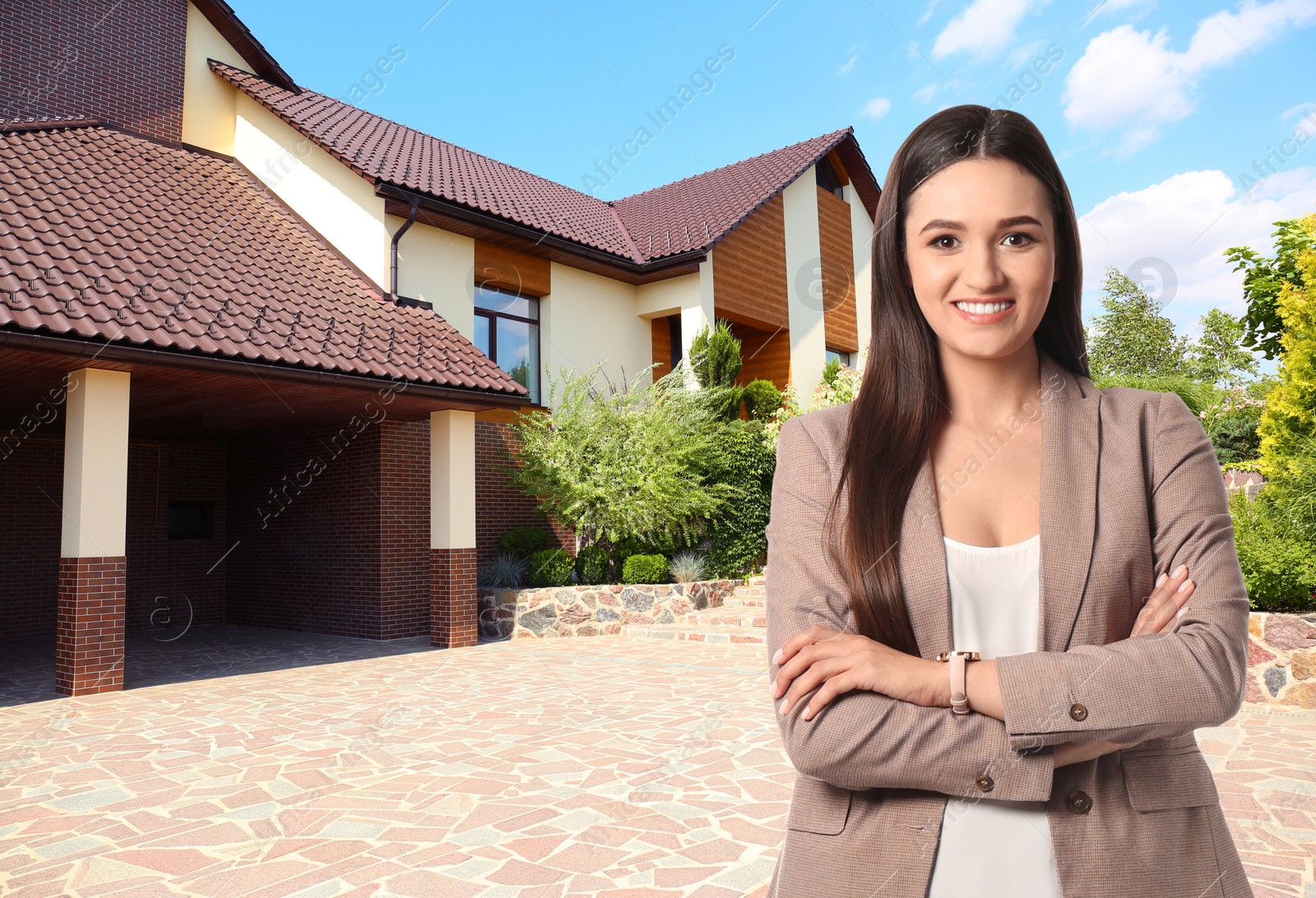 Image of Real estate agent against modern house with garden. Space for text