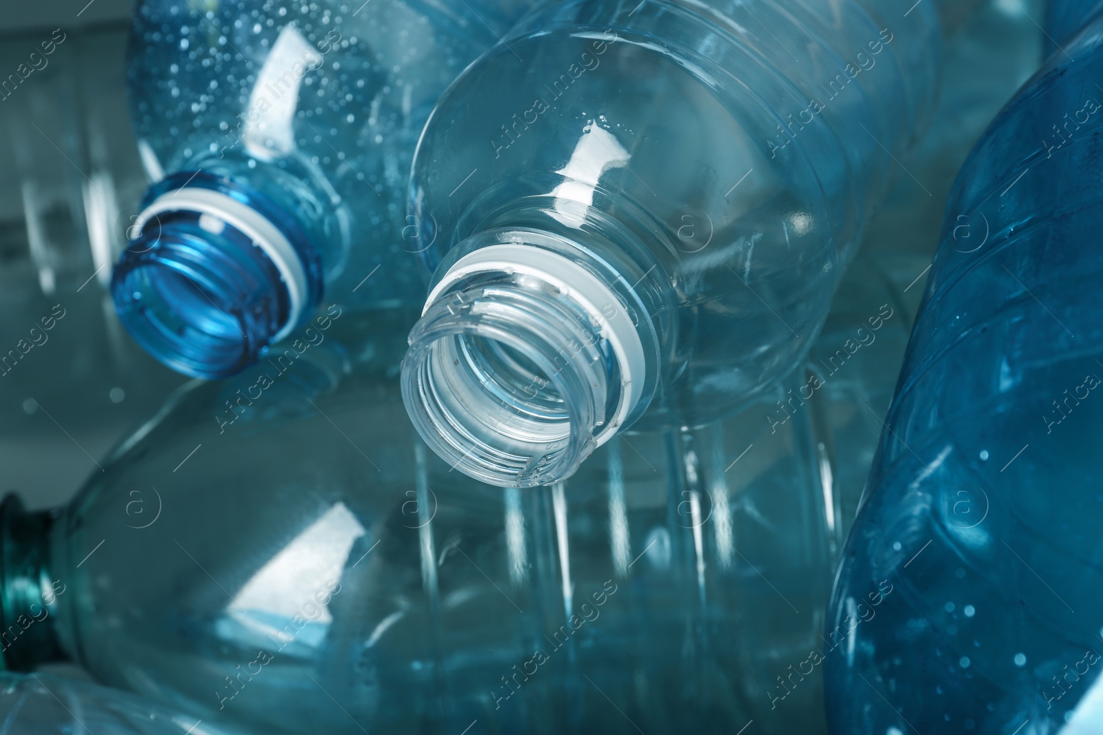 Photo of Many plastic bottles as background, closeup. Recycle concept