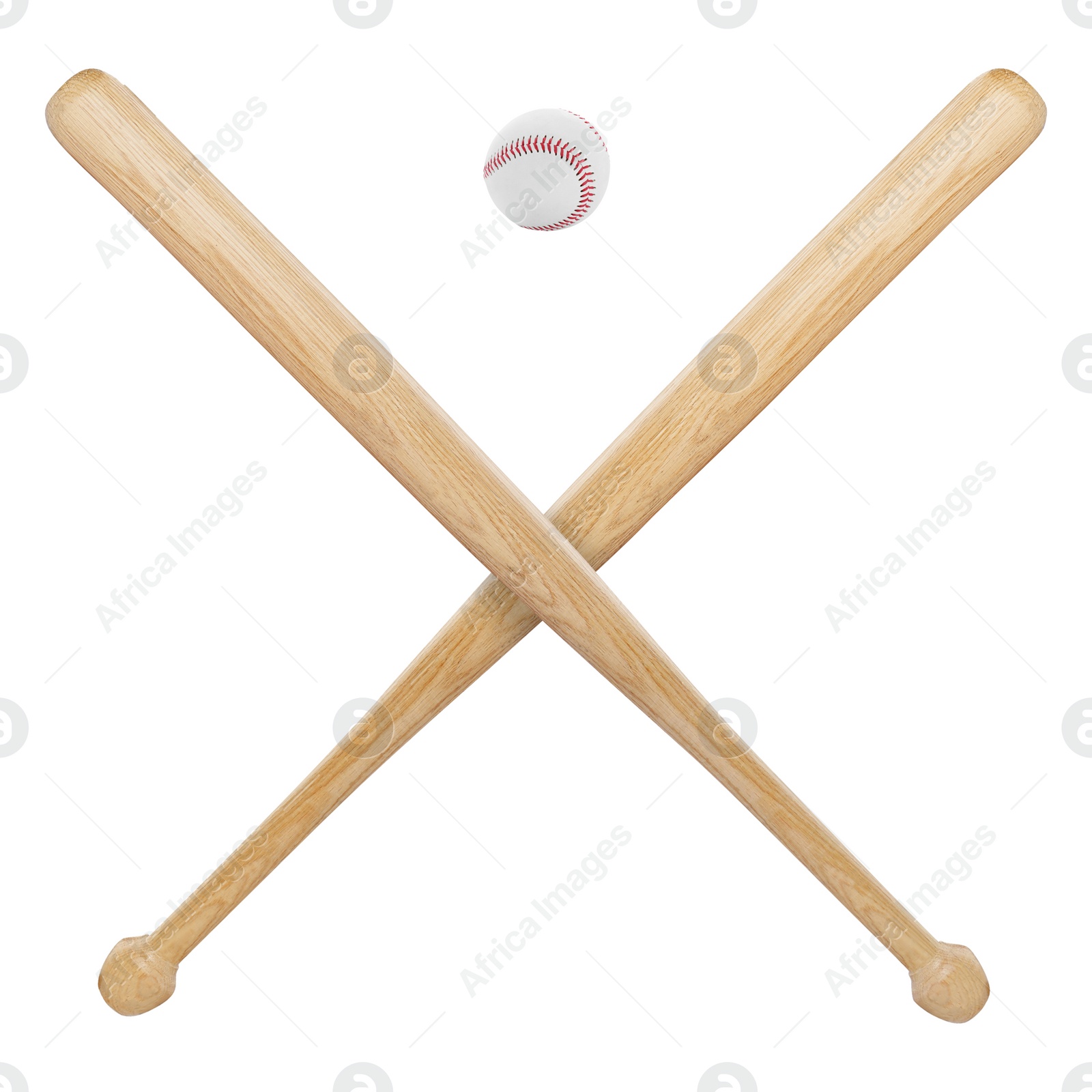 Image of Baseball ball and two crossed wooden bats isolated on white