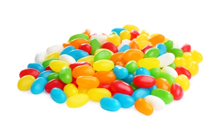 Photo of Pile of tasty colorful jelly beans on white background